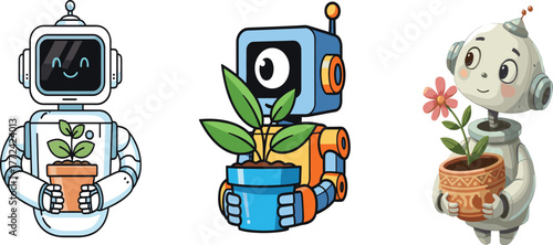 Cute Robots Holding Plants and Flowers, Eco-Friendly AI Technology Vector Illustration Set.