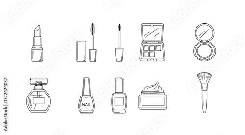 Hand drawn makeup and cosmetics collection sketch art set vector