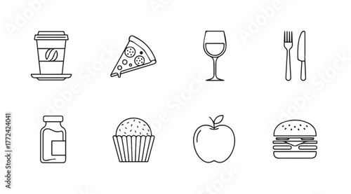 Hand drawn food and drink icons set simple sketch style for culinary themes vector