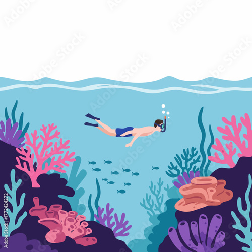 Colorful Flat Underwater Scuba Diver Exploring Coral Reef Illustration