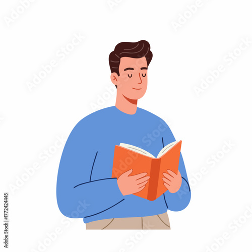 Flat Illustration Focused Young Man Reading a Book Leisure Activity