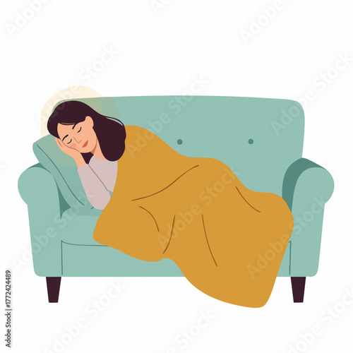 Flat Illustration of Sleepy Woman Lying on Sofa Under Blanket