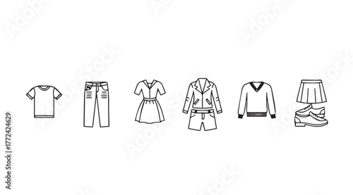 Line art fashion icons collection featuring diverse clothing items for outfits and style vector
