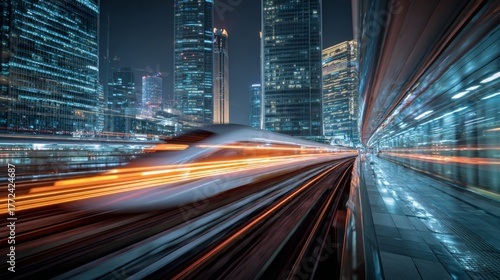 Speeding Train in Urban Environment with Modern Skyscrapers at Night Captured in a Long Exposure Photograph Illuminated by Bright City Lights