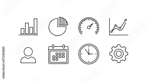 Set of hand drawn business icons representing growth analytics time and user management vector