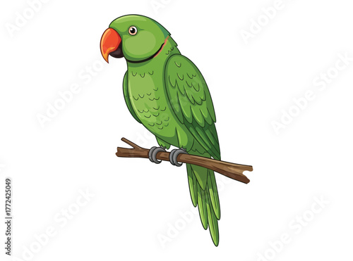 A bright green parrot with an orange beak perches on a branch, looking to the left with a curious expression.
