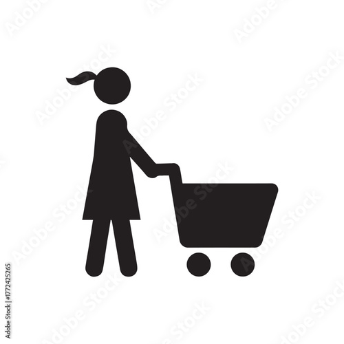 Shopping icon, male person with shopping cart in a glyph pictogram illustration