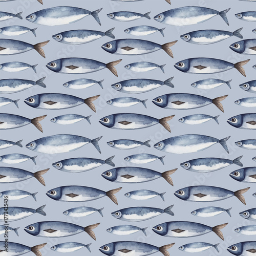 Sea watercolor pattern. Sardines, fish, herring. Simple decor in Scandinavian style in soft blue and brown tones. For wrapping paper, fabric. Vector