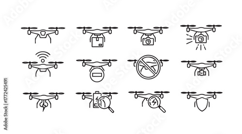 Collection of drone icons representing various technologies and functions line art set vector