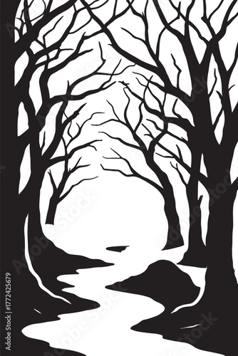 a spooky haunted forest path with bare trees and fog silhouette vector