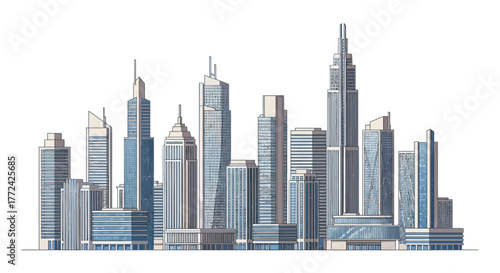 A cluster of diverse modern skyscrapers rises majestically against a plain white background, showcasing contemporary urban architecture.
