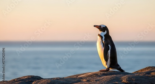 Majestic penguin stands proudly on rocky shoreline at sunrise