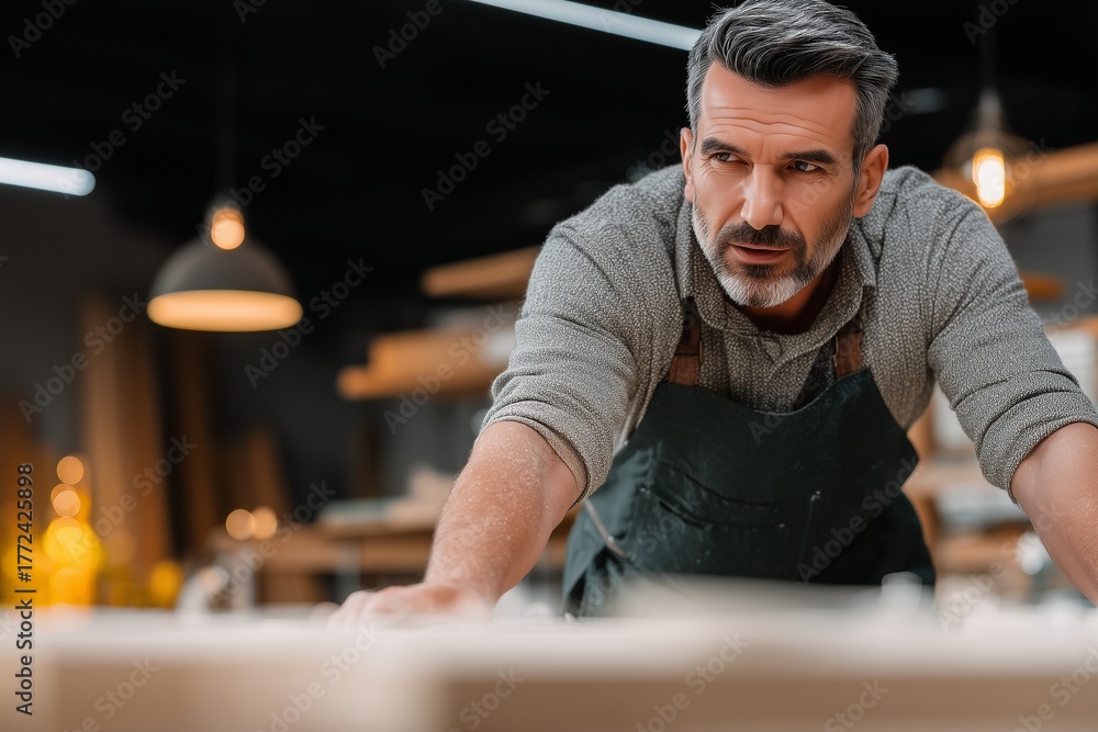 Fototapeta premium Carpenter working with wooden board in modern workshop. Custom furniture making, woodworking and wood decoration. Professional carpentry and woodworking. Production of engineered wood and parquet.