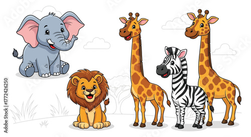 A cheerful group of cartoon safari animals, including an elephant, lion, giraffes, and zebra, stand together in a stylized outdoor setting.
