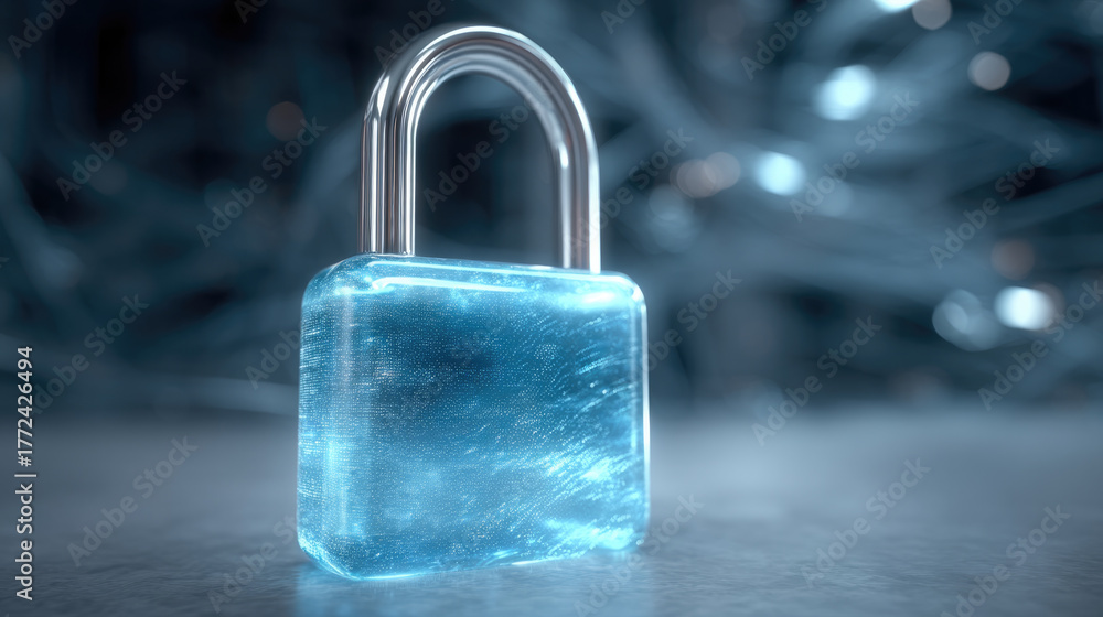 Fototapeta premium Translucent glowing padlock security concept, futuristic lock, cyber protection, digital safety, blue light, technology background