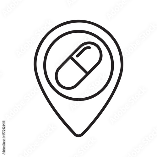 Location pin icon containing a capsule or pill symbol, indicating a pharmacy or medical facility