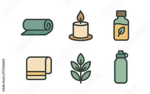 Wellness and yoga essentials icons: candle, yoga mat, towel, leaf, bottle