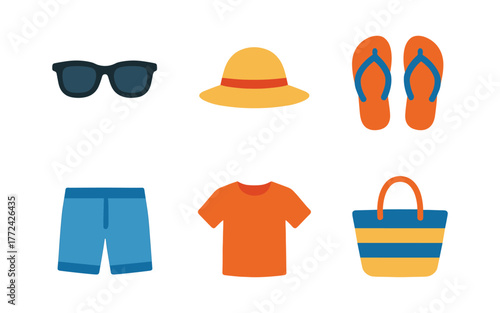 Summer beach essentials: sunglasses, hat, flip flops, shorts, shirt, and tote bag in flat design