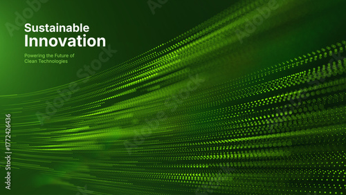 Green Energy Abstract Tech Background with Flowing Dots Futuristic Grid. Sustainable Innovation Eco Clean Energy Technology Concept. Vector Illustration.