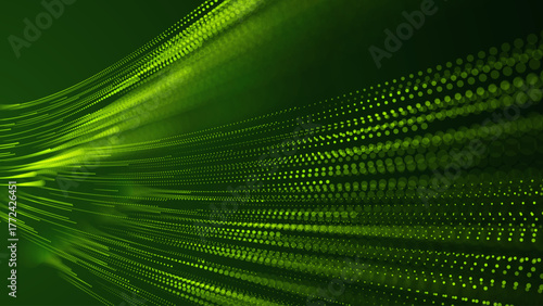 Green Energy Abstract Tech Background with Flowing Dots Futuristic Grid. Sustainable Innovation Eco Clean Energy Technology Concept. Vector Illustration.