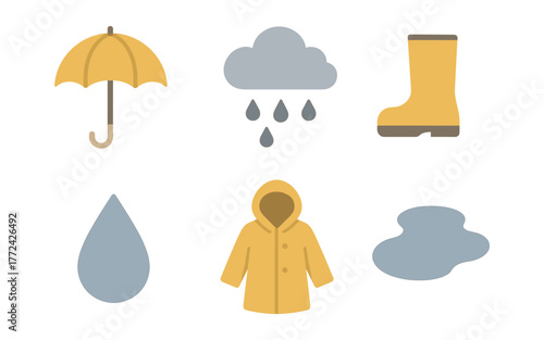 Flat style rainy weather icons: umbrella, cloud, raindrop, boots, raincoat, puddle