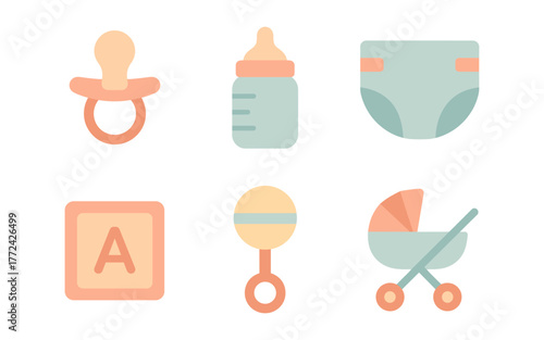 Flat baby essentials icons set: pacifier, bottle, diaper, block, rattle, stroller in pastel colors