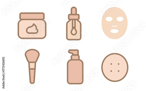 Minimalist skincare and beauty icons set featuring makeup and self-care essentials