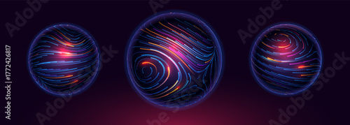 Tech Neon Lines Energy Orb. 3D Sphere Science Globe With Abstract Glowing Lines Representing Microbiology, Cell Research, or Nanotechnology On Dark Blue Background. Vector Illustration.