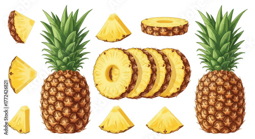 A collection of whole pineapples and sliced pineapple pieces, presented on a white background.