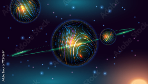 Universe Background. Glowing Planets with Particle Rings and Light Trails in Deep Space. Futuristic Abstract Cosmic Scene. Vector Illustration.