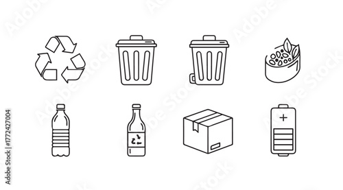 Hand drawn icons of recycling symbols trash cans bottles cardboard box and battery for sustainability vector