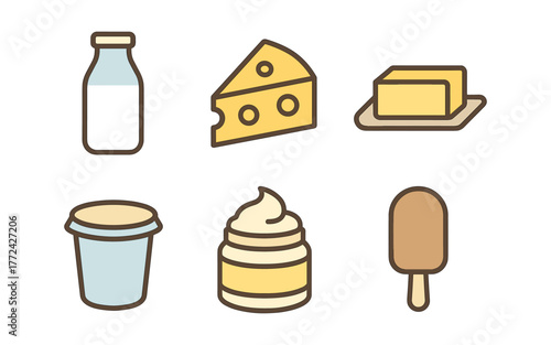 Flat dairy icons: cheese, butter, milk, yogurt, cream, ice cream stick