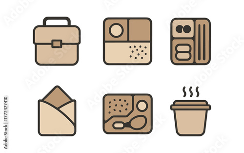 Minimalist icons of lunch boxes and takeout food containers