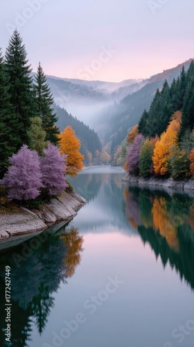 Wallpaper Mural Tranquil Lake Reflects Autumn Hills With Purple And Orange Trees Under Soft Pink Sky Torontodigital.ca