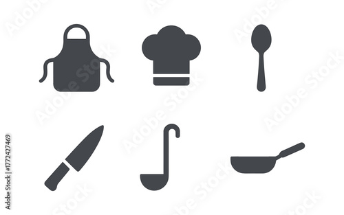 Minimalist kitchen utensils set with apron and chef hat icons