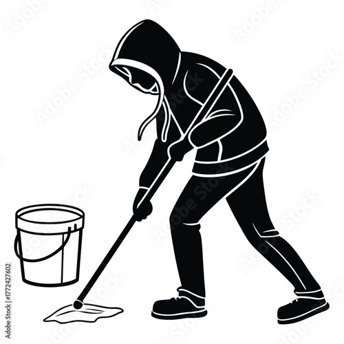 Person mopping floor with bucket clean house chore
