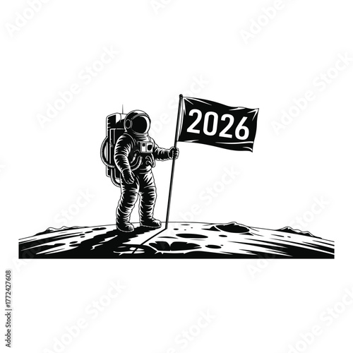 Black and white illustration of an astronaut planting a flag with the year 2026 on a lunar surface space