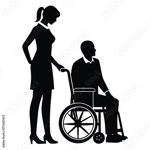 Wheelchair user with caregiver assisting in silhouette style