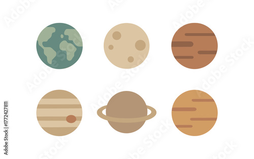 Minimalist planetary icons featuring earth and neighboring planets in flat style