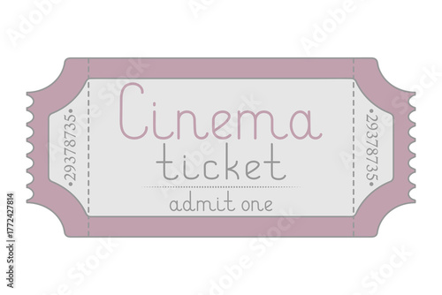 Cinema. Pink ticket admit one. Handwritten lettering in lowercase. Color vector illustration. Tear-off ticket with number. Isolated white background. Flat style. Idea for web design.