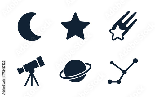 Dark blue astronomy icons: moon, star, comet, telescope, planet, constellation