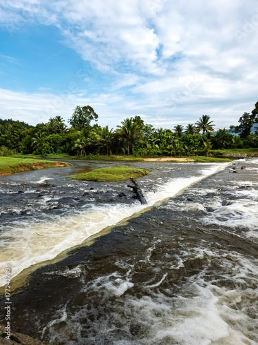 Close up of the water flowing at the river stream near the rainforest jungle.