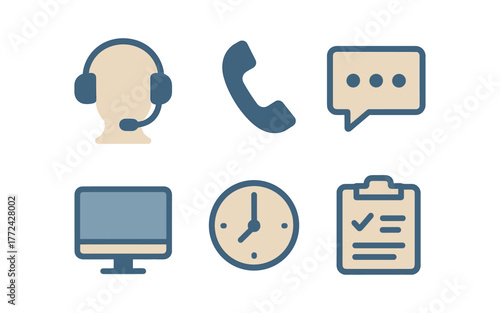 Customer support icons: communication, chat, call, time management, tasks