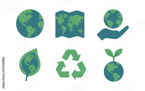 Eco-friendly icons: earth, recycling, sustainability, and environmental conservation symbols