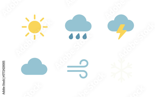 Flat weather icons set: sun, cloud, rain, thunder, wind, snowflake