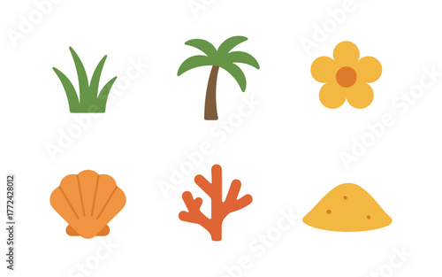 Colorful beach icons: palm tree, shell, flower, coral, grass, sand pile in minimalist style