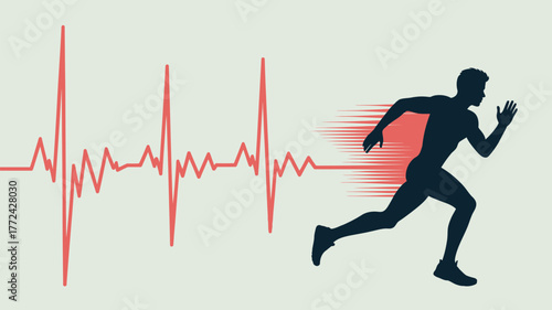 Silhouette of a runner with a heartbeat line representing health and fitness on a light background