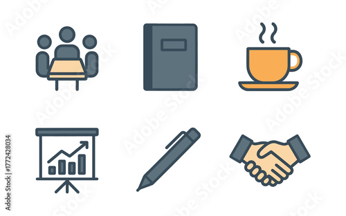 Business and office icons: meeting, notebook, coffee, presentation, pen, handshake