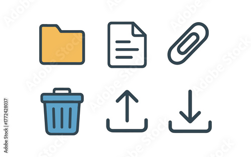 Modern flat style office icons set including folder, document, and clip