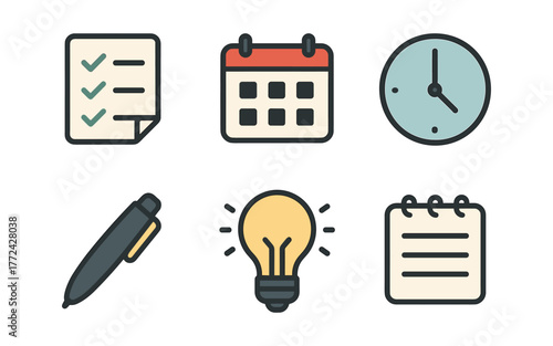 Minimalist office icons: checklist, calendar, clock, pen, lightbulb, notepad
